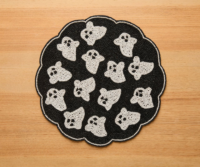 Handmade Beaded Ghost Placemat Halloween Table Decor Spooky Bead Table Mat Cute Ghost Centerpiece Goth Holiday Decoration-Table tops-Parc Decor