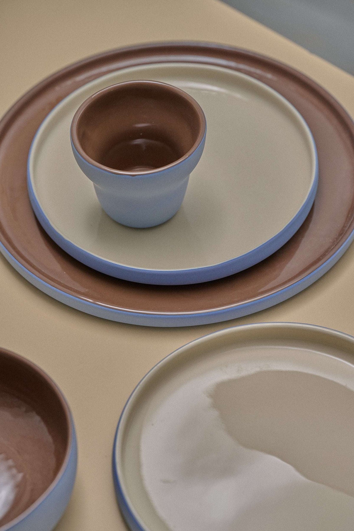 Handmade Blue Porcelain Dinner Plates. Forget-me-not/Chocolate