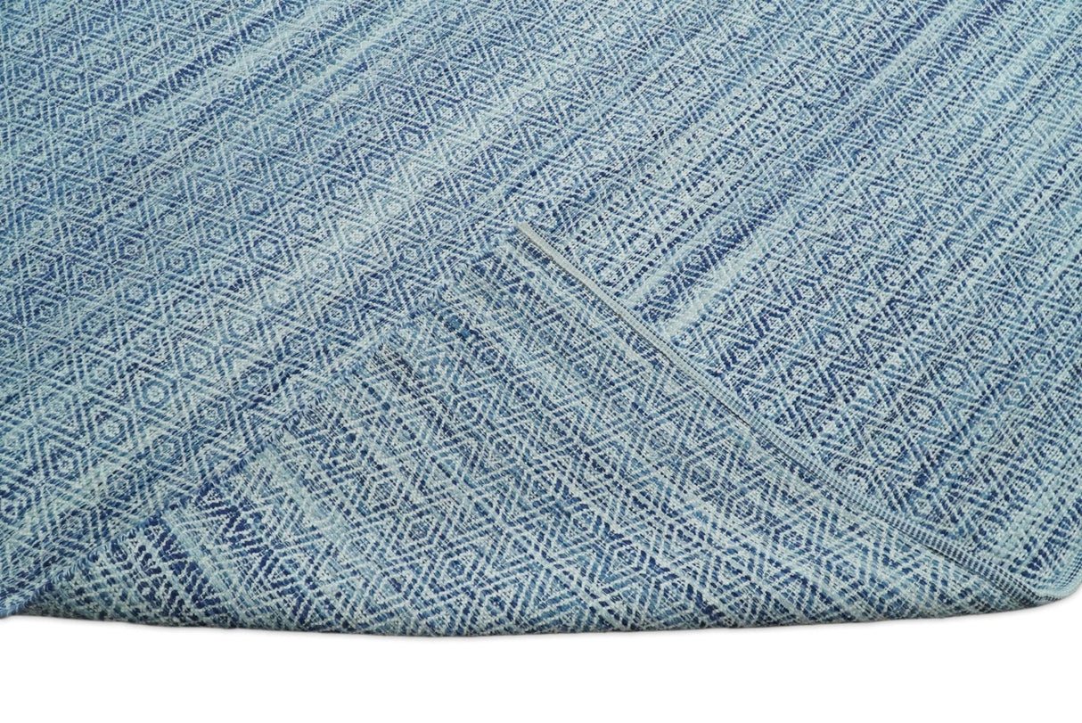 Handmade Boho Ivory and Blue Wool Blend Dhurrie Rug