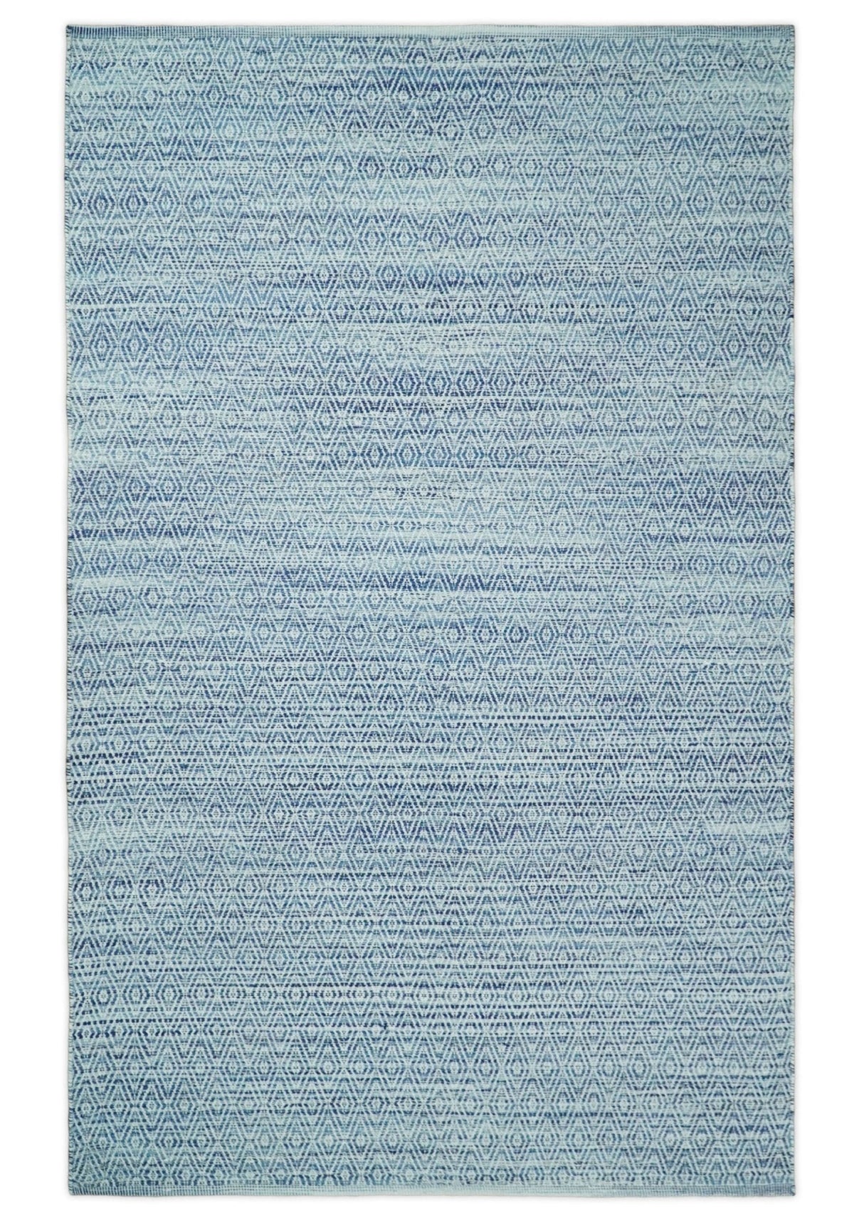 Handmade Boho Ivory and Blue Wool Blend Dhurrie Rug