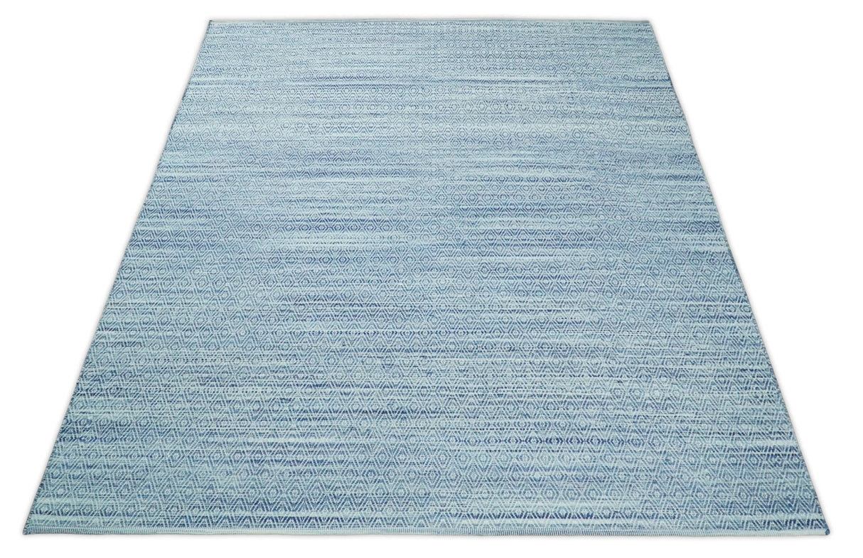 Handmade Boho Ivory and Blue Wool Blend Dhurrie Rug