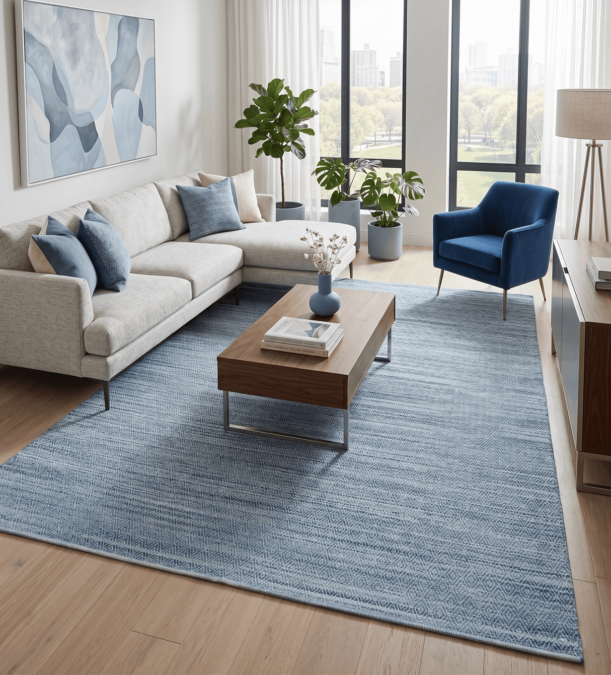 Handmade Boho Ivory and Blue Wool Blend Dhurrie Rug