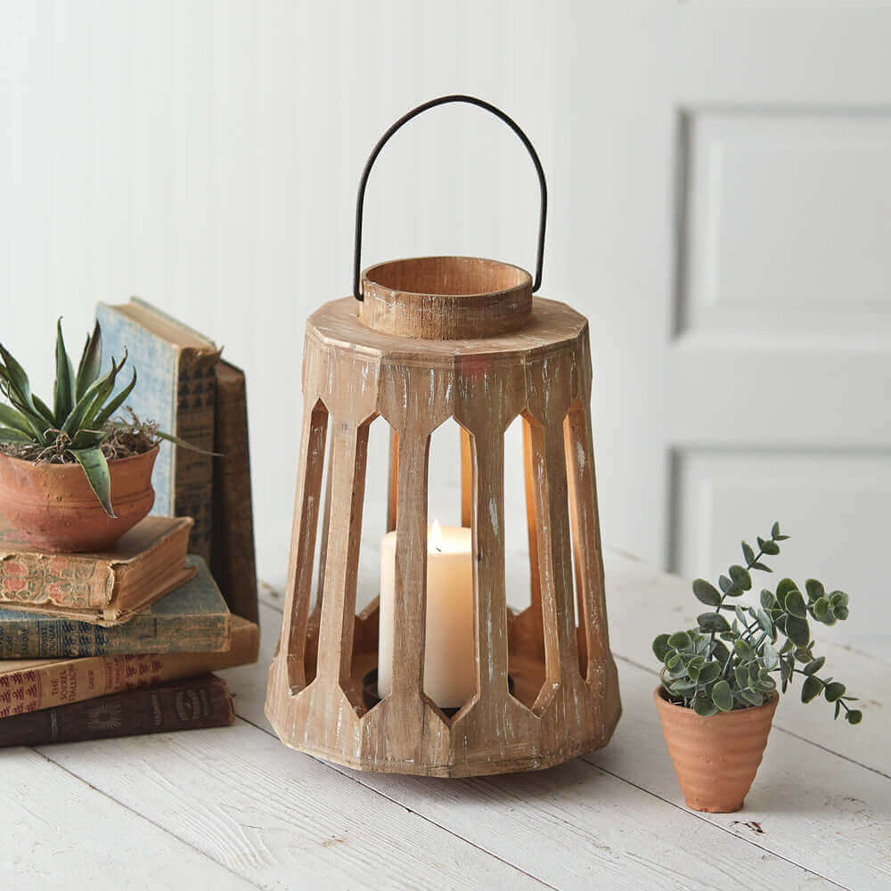 Handmade Candle Lantern in Distressed Wood-Lantern-Parc Decor