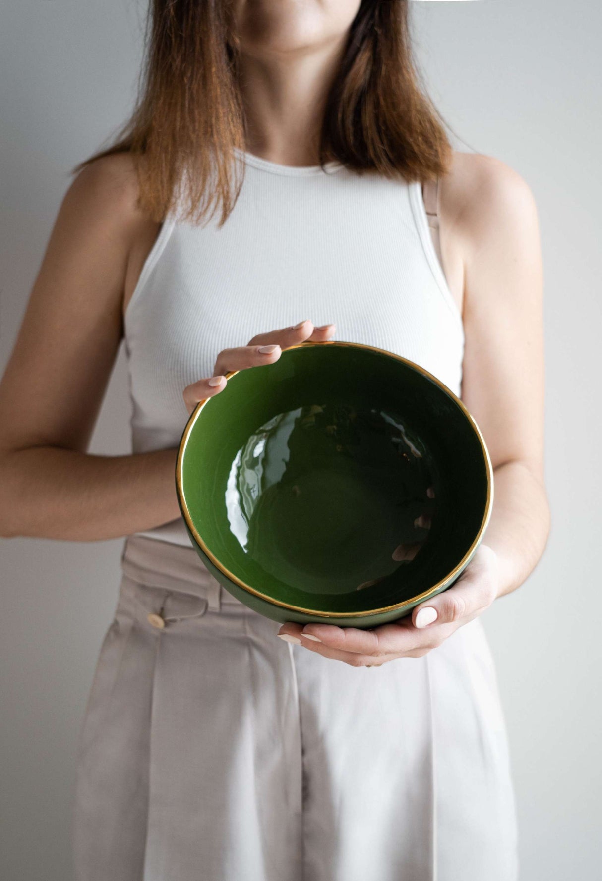 Handmade Porcelain Salad Bowl with Gold Rim. Green-Parc Decor