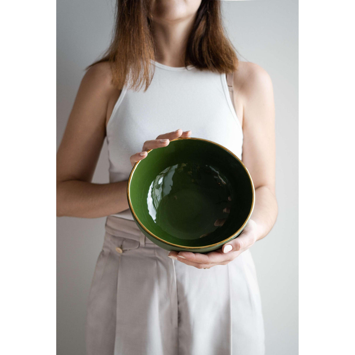 Handmade Porcelain Salad Bowl with Gold Rim. Green