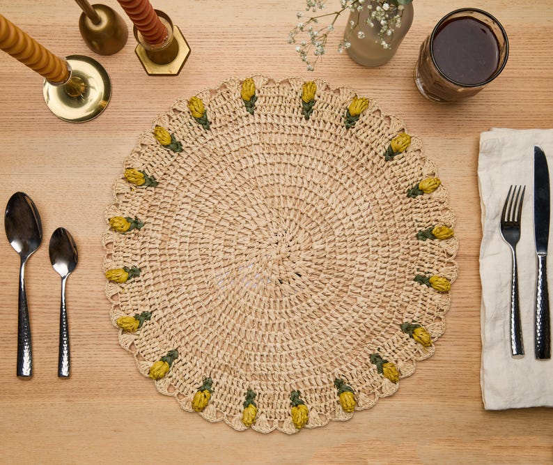 Handmade Tulip Placemat β Raffia Crochet Floral Table Mat β Spring & Easter Table Decor β Artisan Tableware β Boho Dining Accent-table tops-Parc Decor