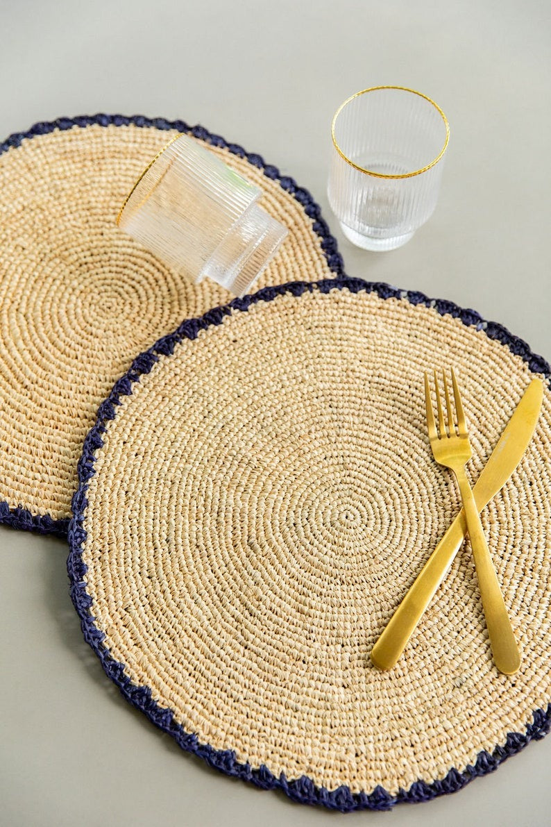 Handwoven Aura Blue Edge Placemat - Rustic Woven Raffia Tabletop Decor-table tops-Parc Decor