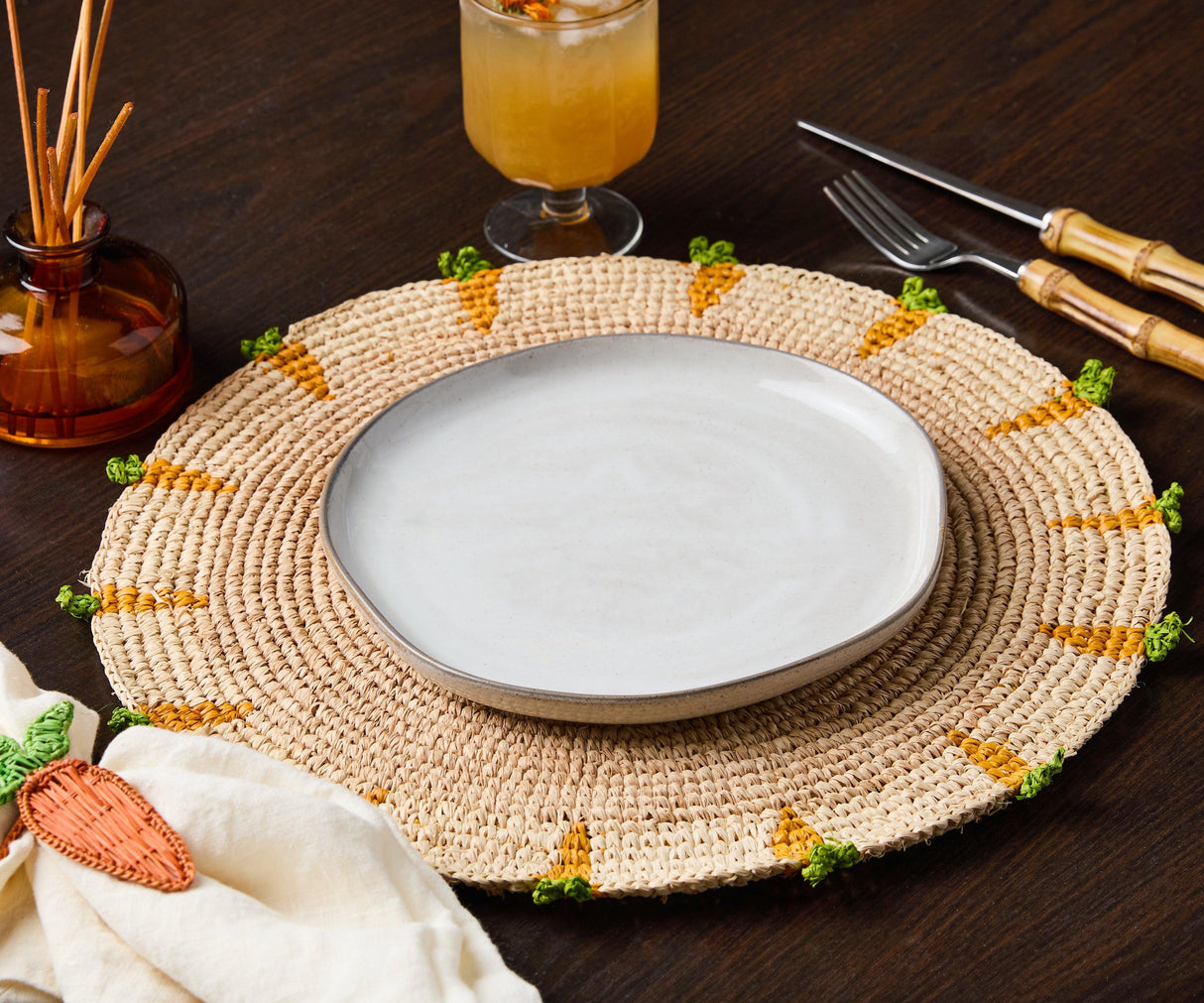 Handwoven Carrot Round Raffia Placemat – Artisan Table Décor-table tops-Parc Decor