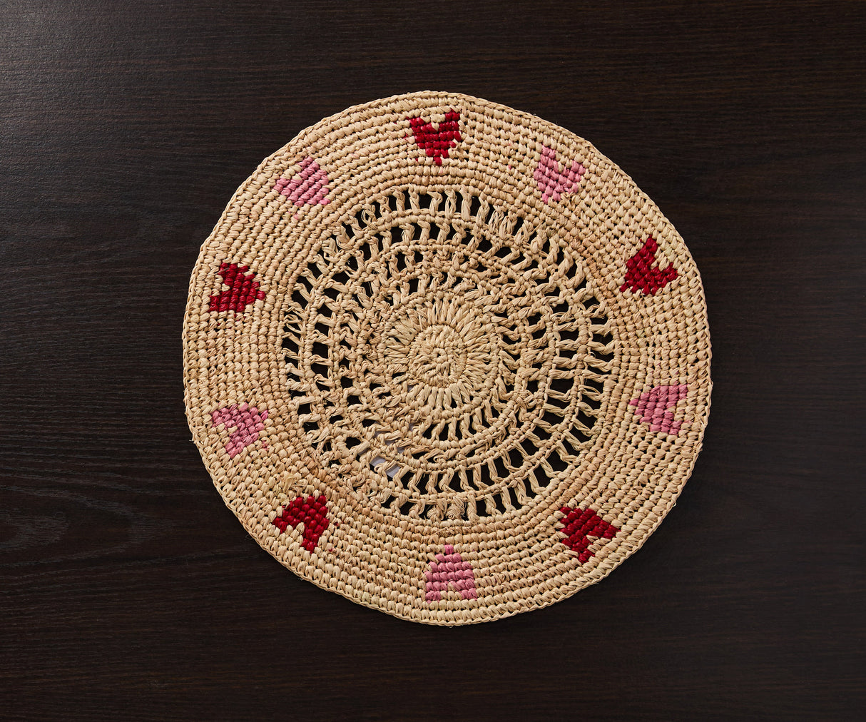 Handwoven Heart Raffia Placemat – Artisan Table Décor with Red & Pink Hearts-table tops-Parc Decor