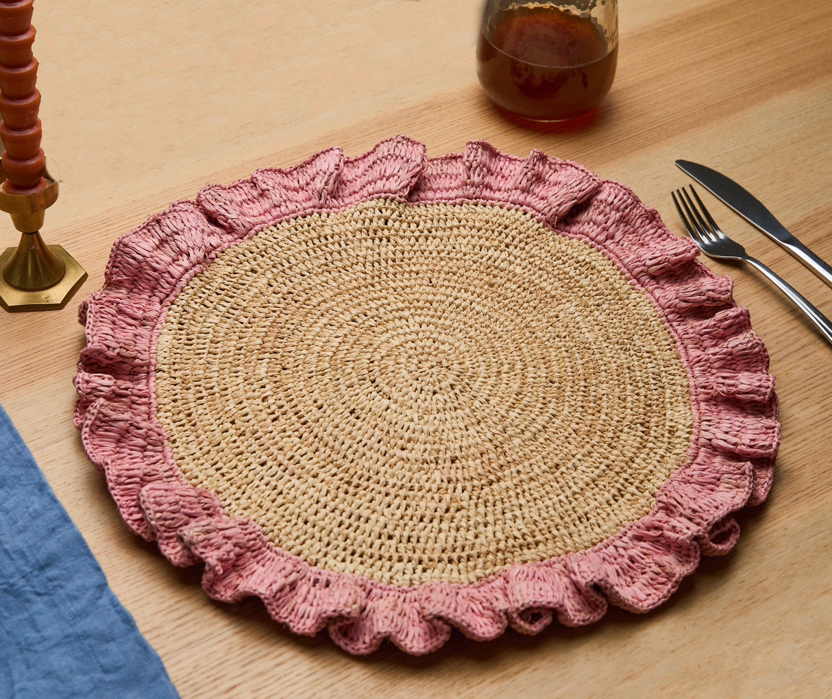 Handwoven Raffia Ruffle Placemat – Boho Chic Table Décor – Summer Table Accent-table tops-Parc Decor