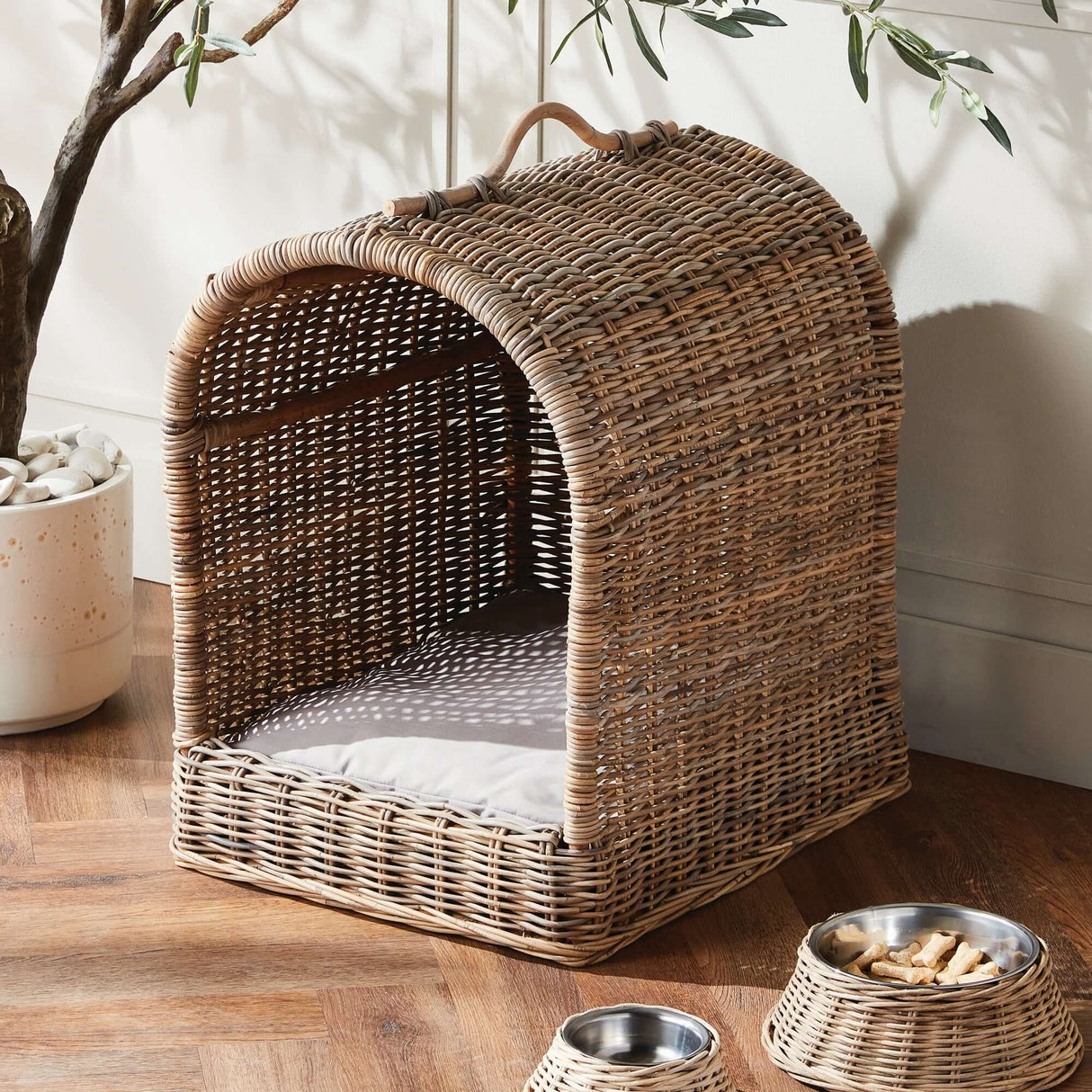 Handwoven Rattan Canopy Dog Bed with Cushion-pet bed-Parc Decor