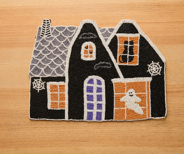 Haunted House Beaded Placemat Velvet Backing Handmade Halloween Table Decor Spooky Black Cat Ghost Mat Holiday Centerpiece-Table tops-Parc Decor