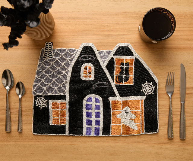 Haunted House Beaded Placemat Velvet Backing Handmade Halloween Table Decor Spooky Black Cat Ghost Mat Holiday Centerpiece-Table tops-Parc Decor