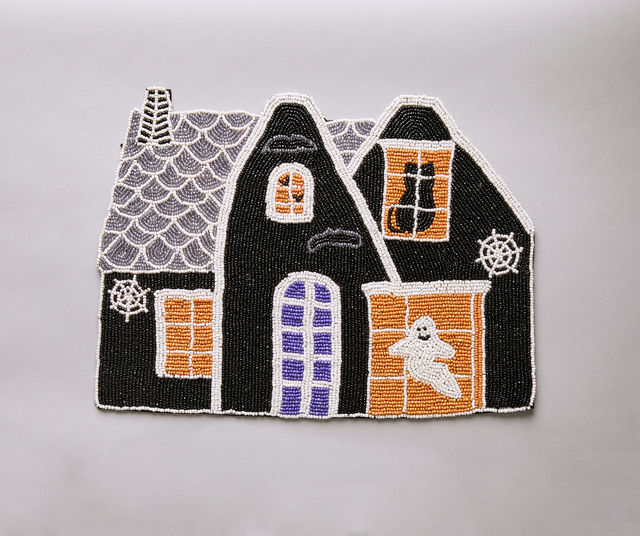 Haunted House Beaded Placemat Velvet Backing Handmade Halloween Table Decor Spooky Black Cat Ghost Mat Holiday Centerpiece-Table tops-Parc Decor