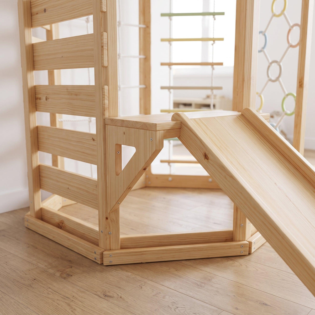 Hawthorn Indoor Playground | 93" Montessori Climbing Gym with Slide & Rope Net