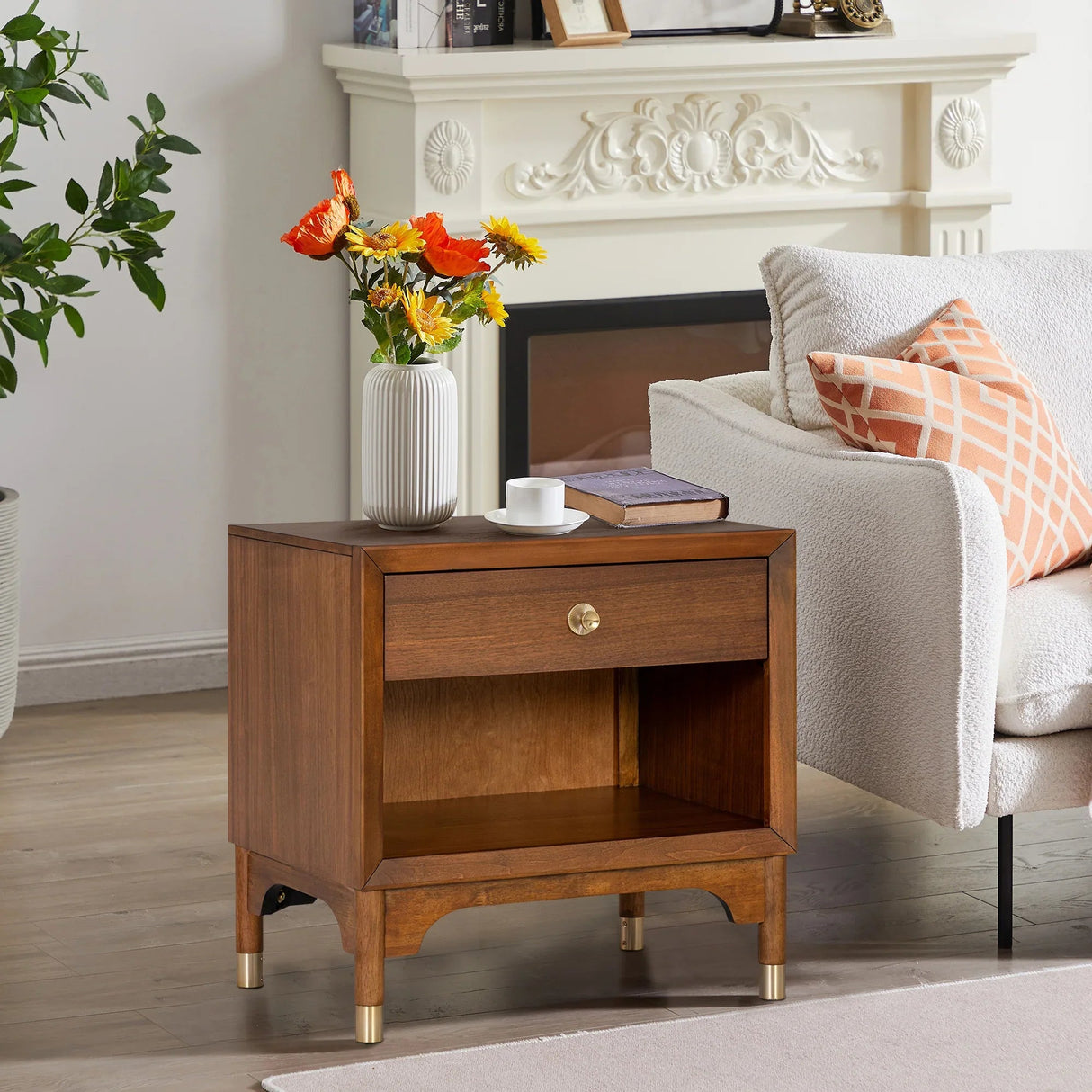 Hepburne Mid Century Walnut 1-Drawer 26 in. Nightstand with Touch Light-床头柜-Parc Decor