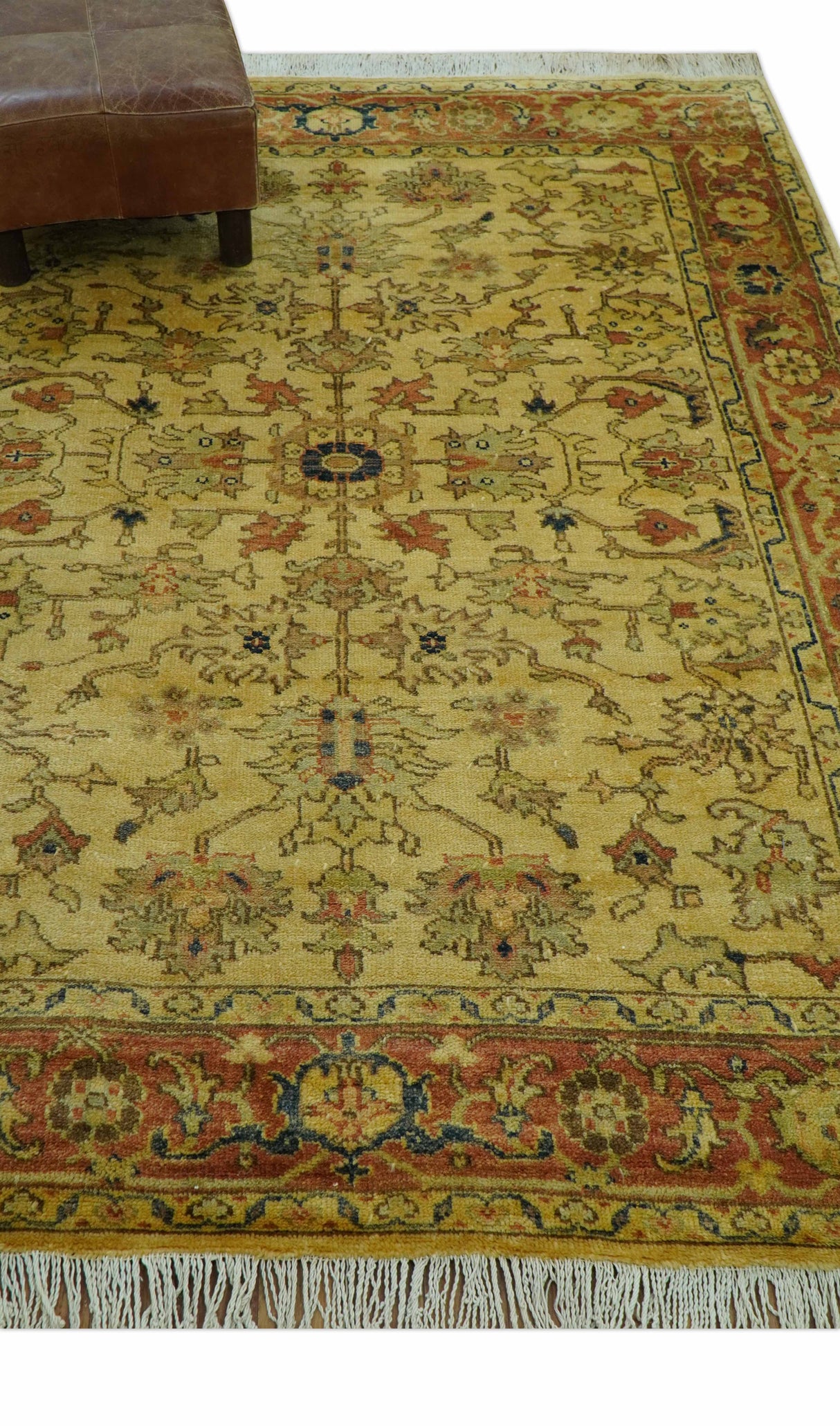 Heriz Traditional Design Gold And Rust 5x6.7 Hand Knotted Wool Area Rug