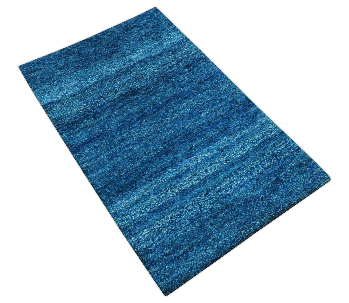 High Pile Blue Hand knotted Contemporary Custom Made Solid Afghan wool Area Rug