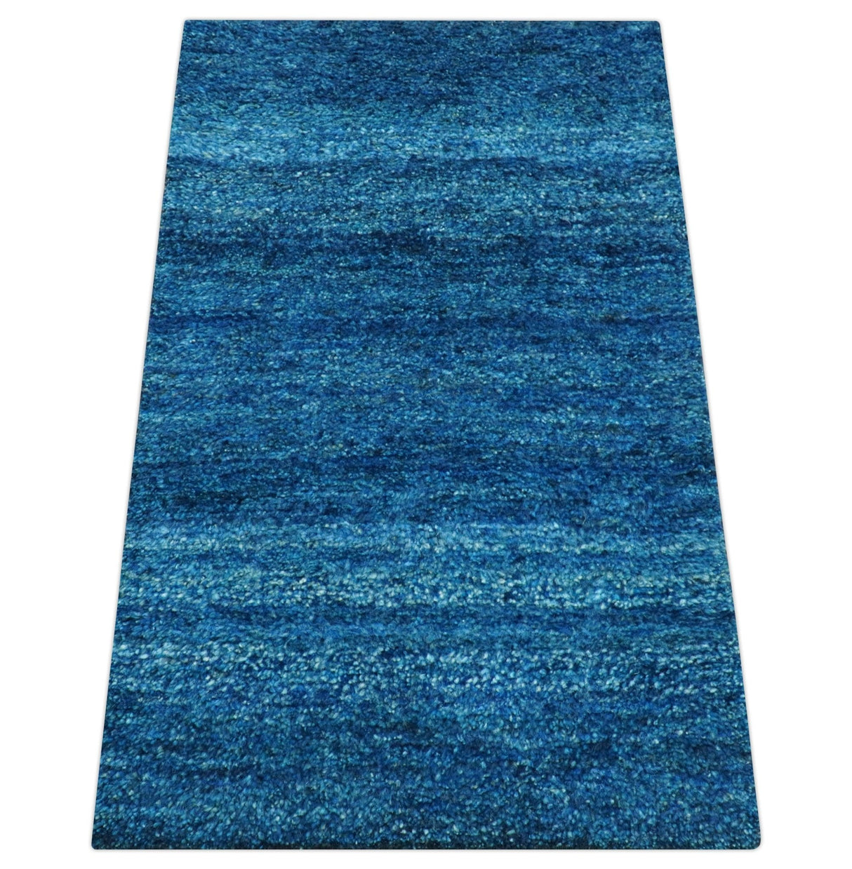 High Pile Blue Hand knotted Contemporary Custom Made Solid Afghan wool Area Rug