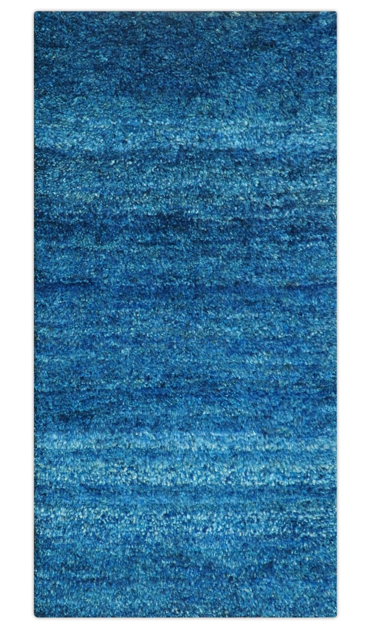 High Pile Blue Hand knotted Contemporary Custom Made Solid Afghan wool Area Rug
