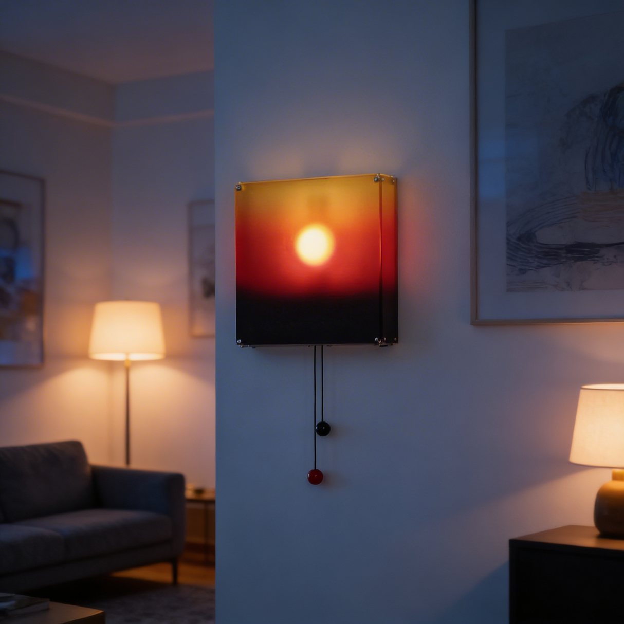 Horizon Wall Light, a square wall sconce with a sunset gradient light and two pull cords.
