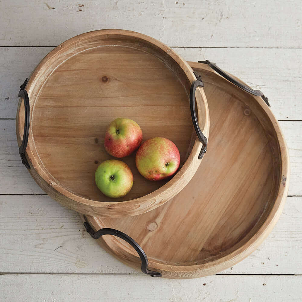 Industrial Round Wood Serving Trays with Handles (Set of 2)-Kitchen-Parc Decor