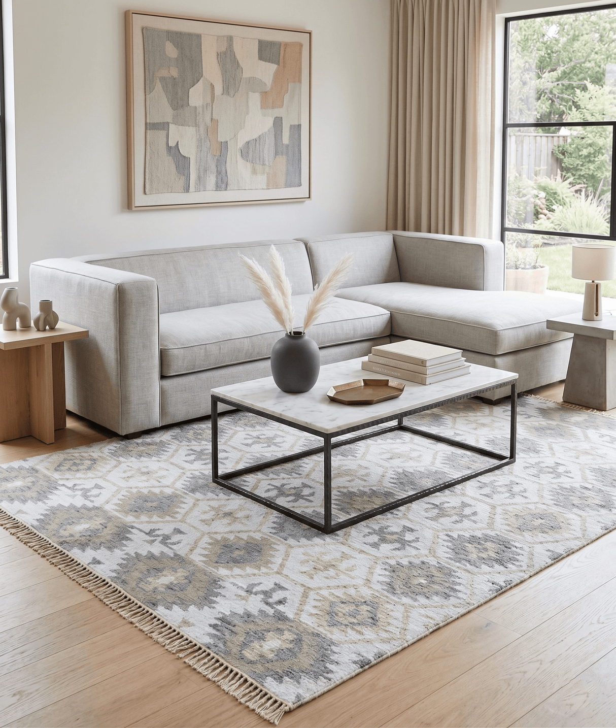 Ivory And Beige Modern Style Fine Wool and Viscose Rug