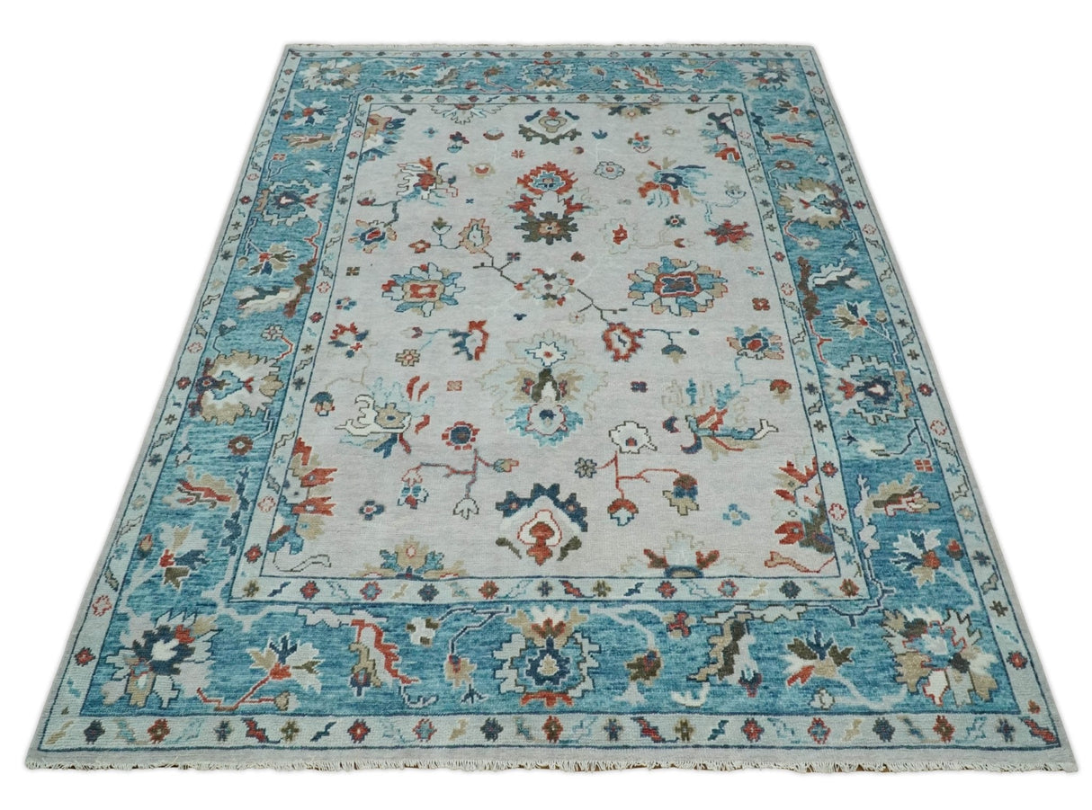 Ivory and Blue Hand knotted Traditional Oushak wool Area Rug