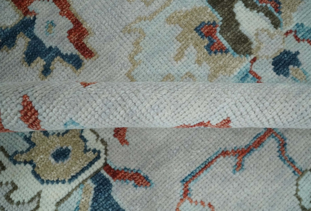 Ivory and Blue Hand knotted Traditional Oushak wool Area Rug