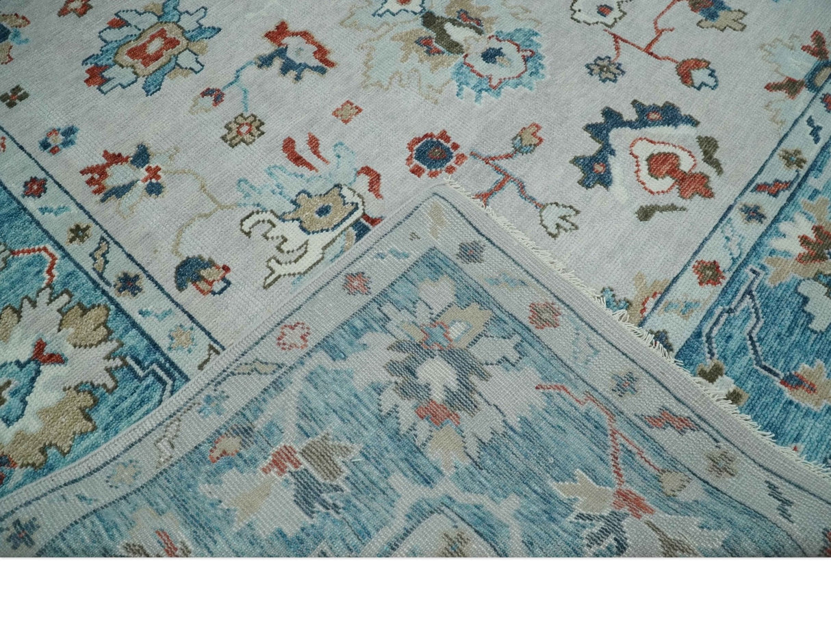 Ivory and Blue Hand knotted Traditional Oushak wool Area Rug