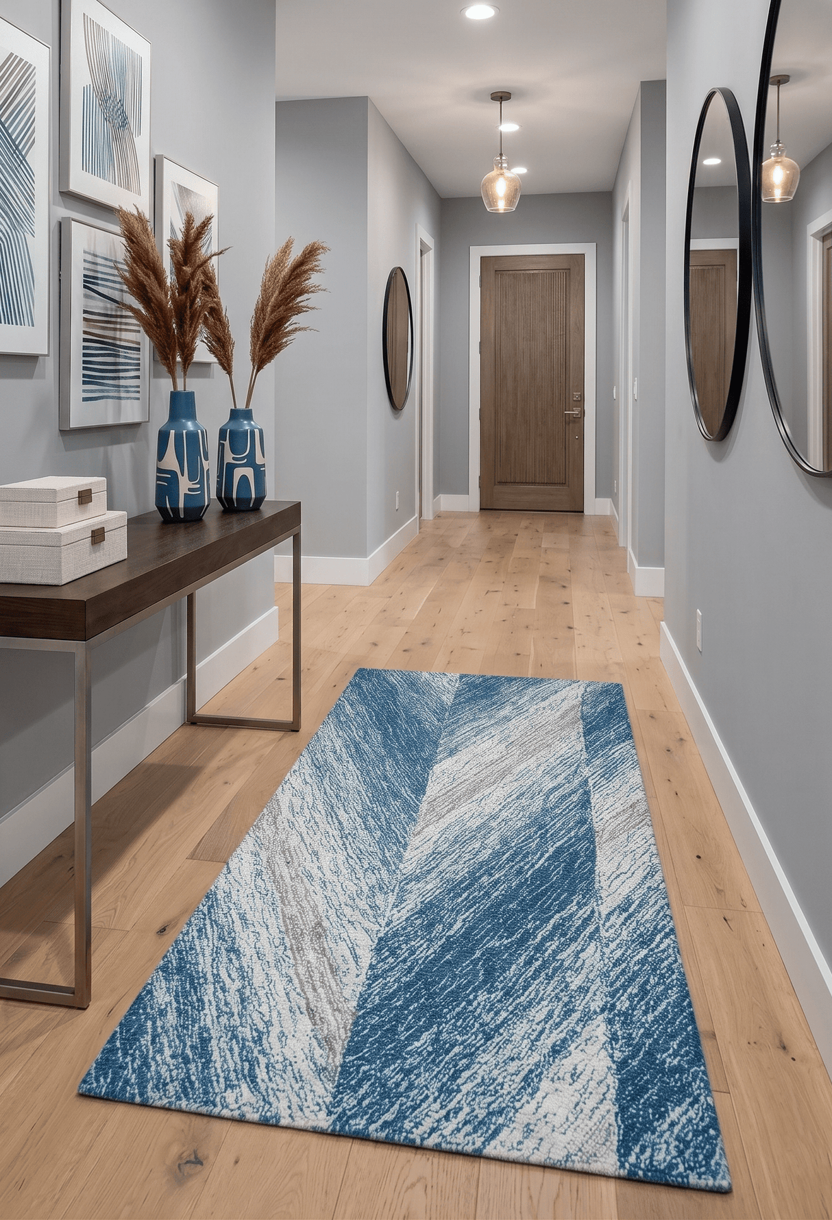 Ivory And Blue Modern Abstract Hand Woven Wool Area Rug
