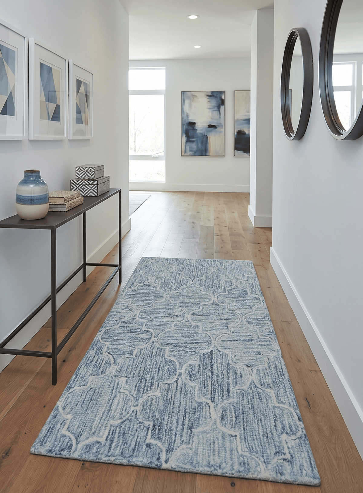 Ivory and Blue Modern Geometric Hand Tufted Multi Size Natural Wool Area Rug