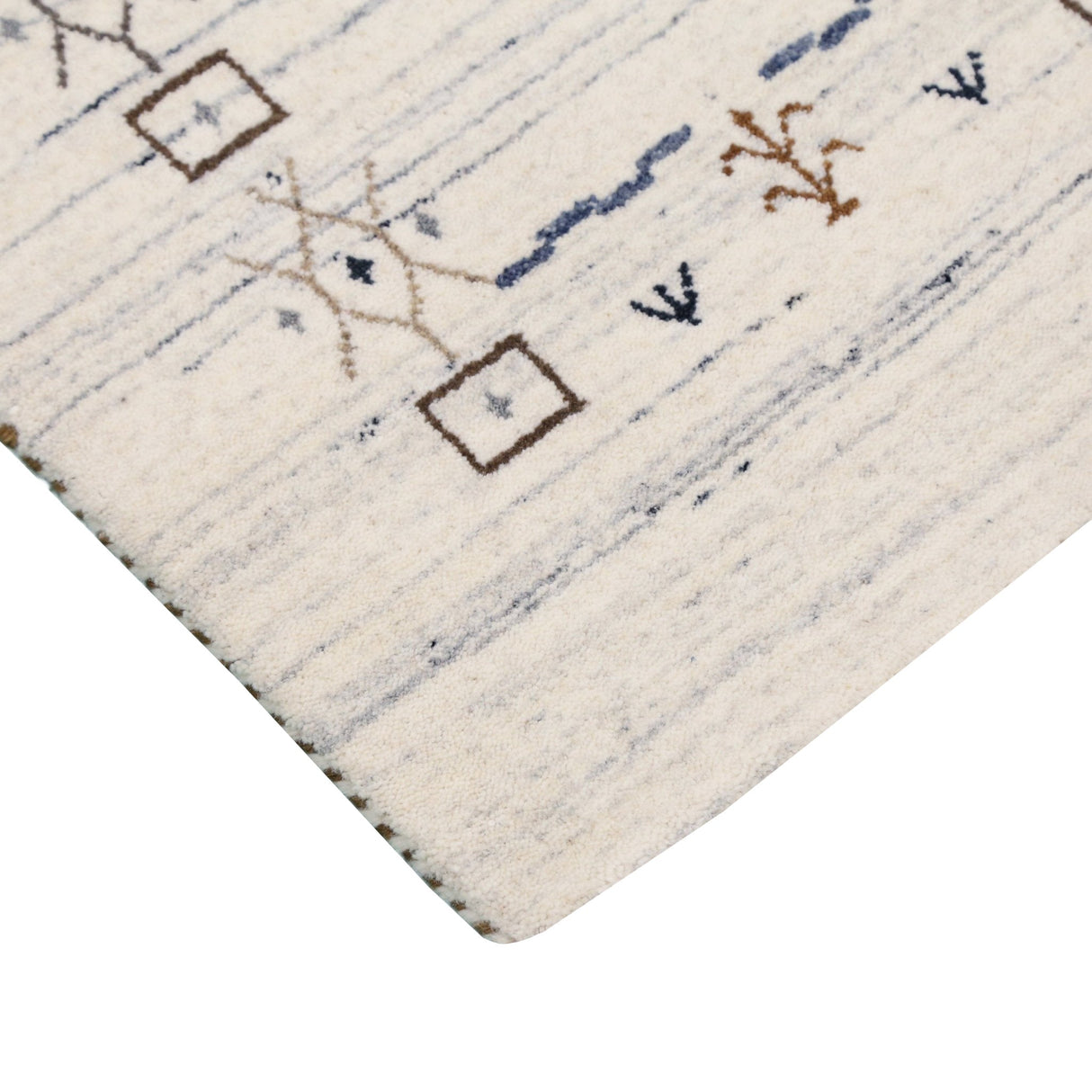 Ivory And Blue Tribal Border Design Hand Loomed Wool Area Rug