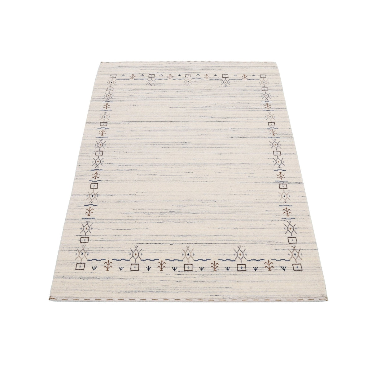 Ivory And Blue Tribal Border Design Hand Loomed Wool Area Rug