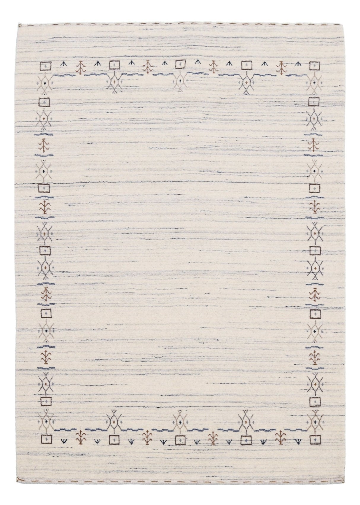 Ivory And Blue Tribal Border Design Hand Loomed Wool Area Rug