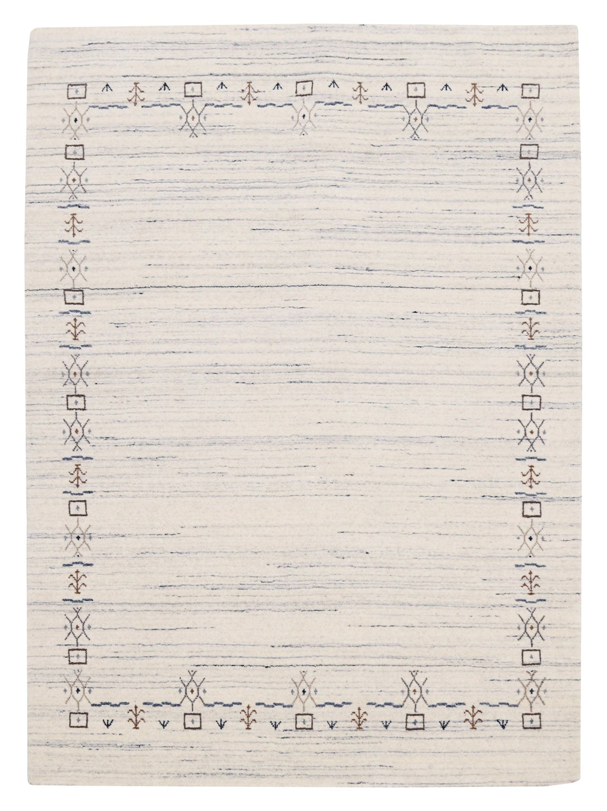 Ivory And Blue Tribal Border Design Hand Loomed Wool Area Rug
