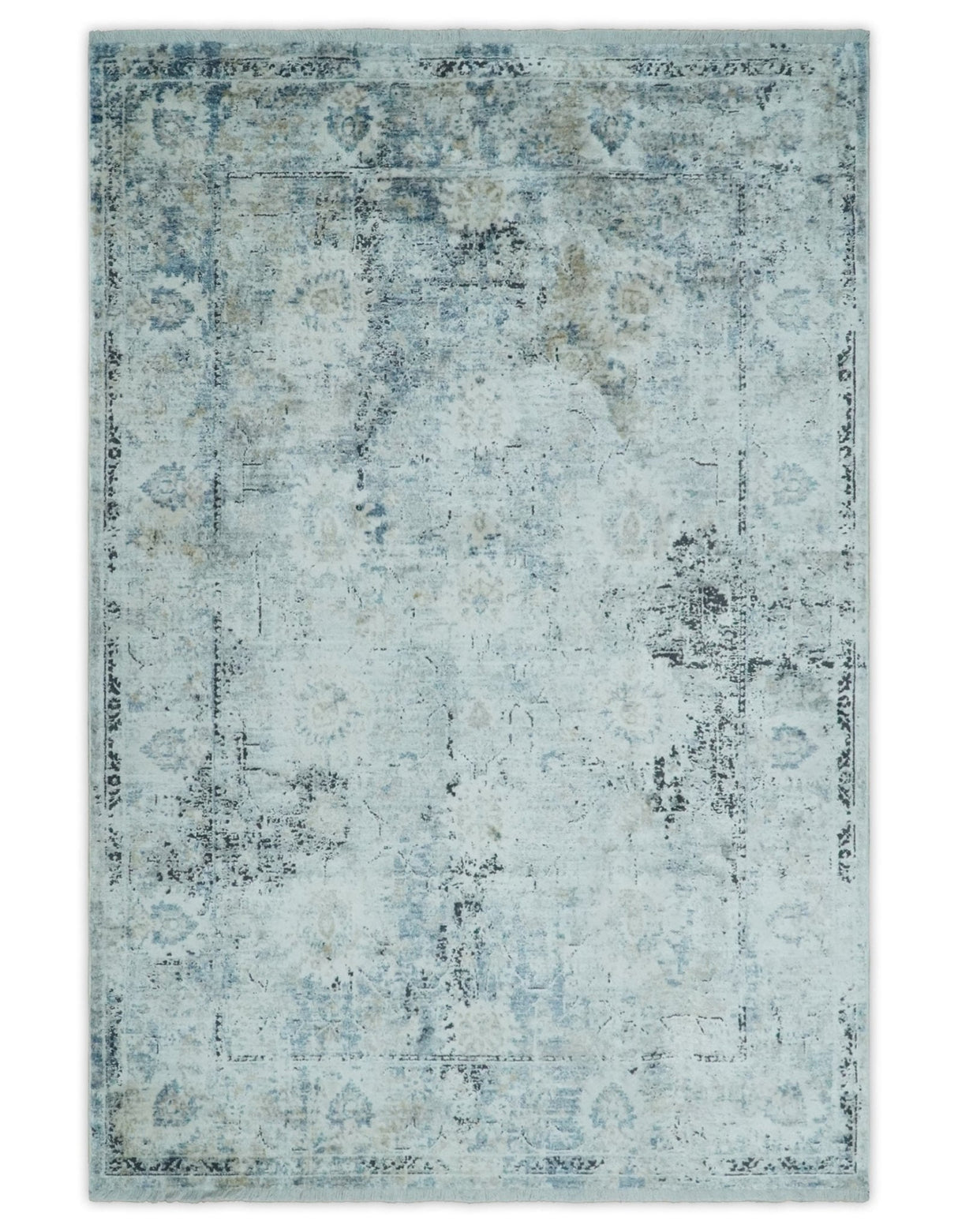 Ivory And Blue Vintage Design Modern Abstract Art Silk Area Rug