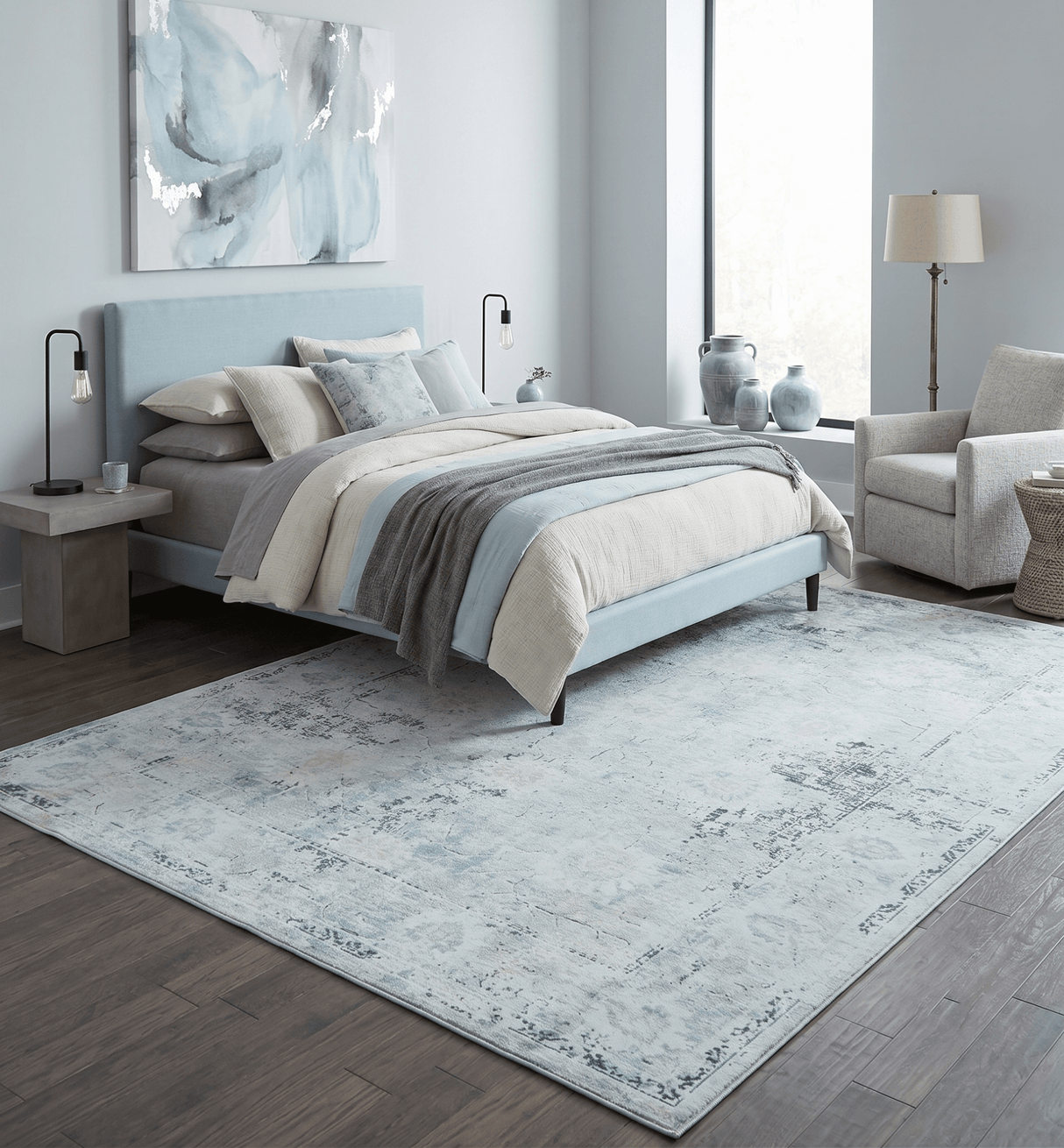 Ivory And Blue Vintage Design Modern Abstract Art Silk Area Rug
