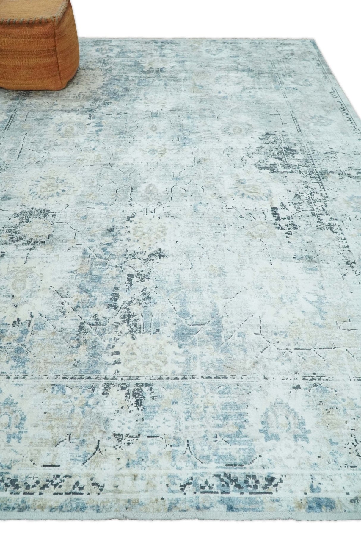 Ivory And Blue Vintage Design Modern Abstract Art Silk Area Rug
