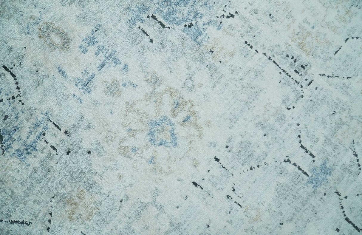 Ivory And Blue Vintage Design Modern Abstract Art Silk Area Rug