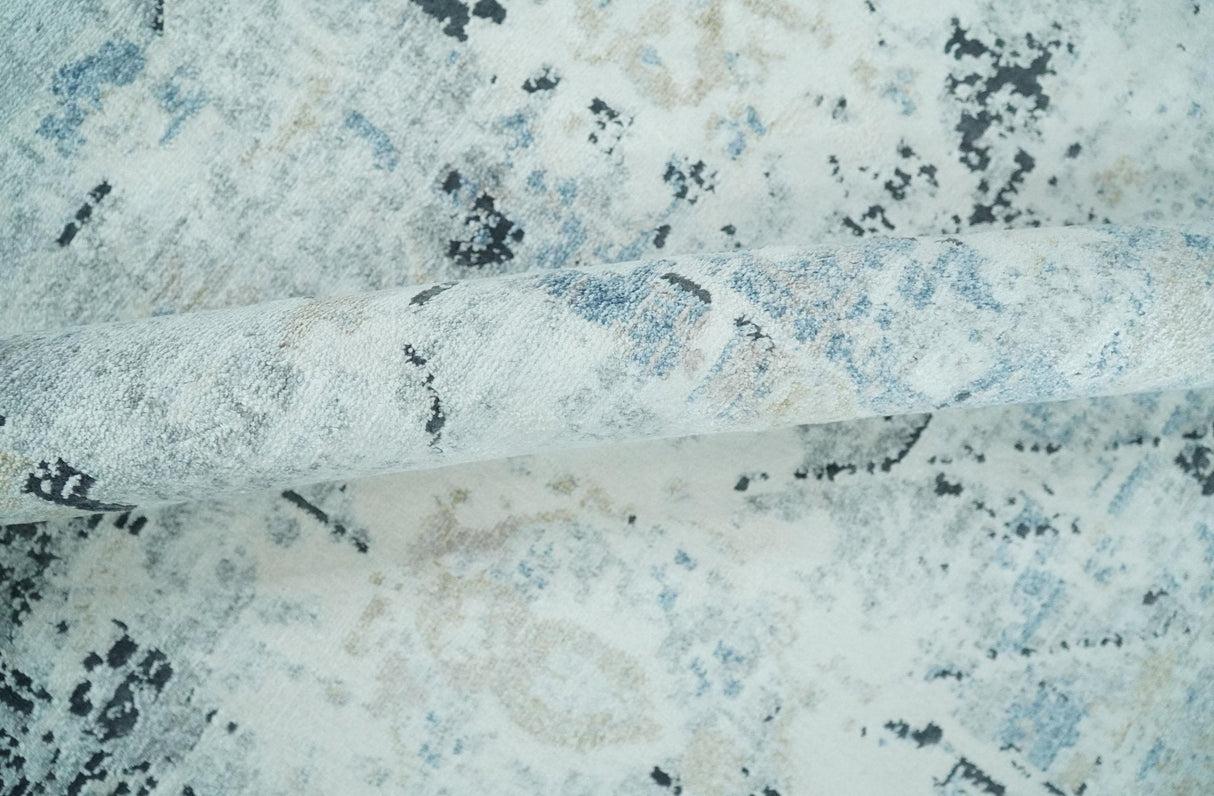 Ivory And Blue Vintage Design Modern Abstract Art Silk Area Rug