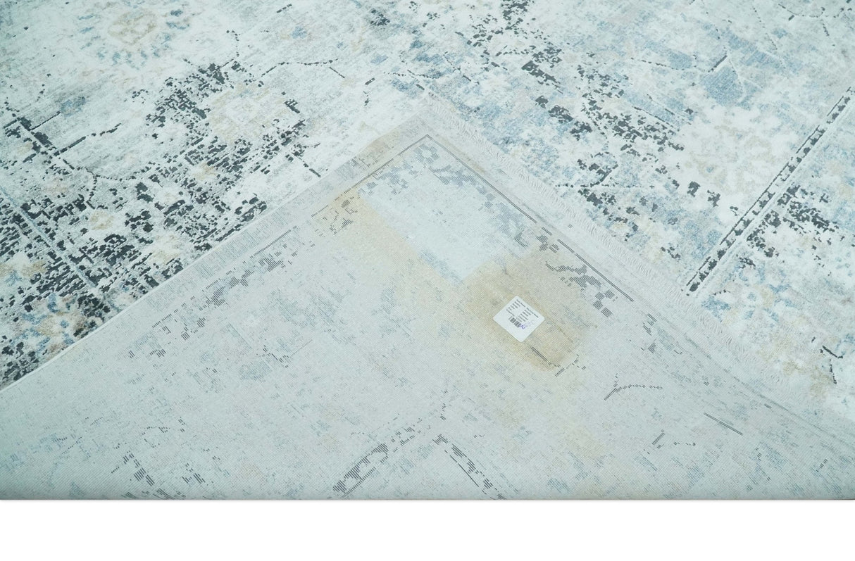 Ivory And Blue Vintage Design Modern Abstract Art Silk Area Rug