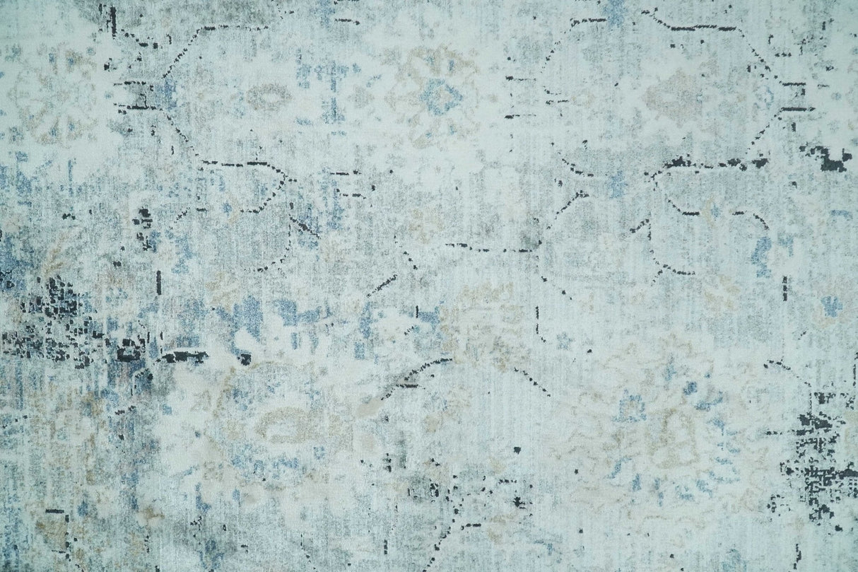 Ivory And Blue Vintage Design Modern Abstract Art Silk Area Rug