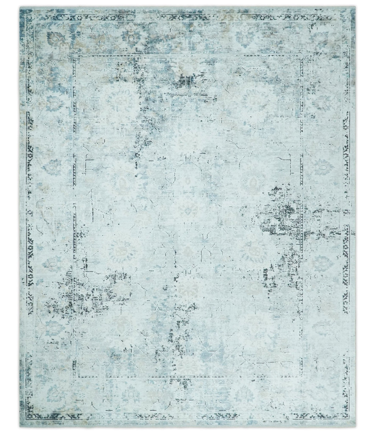 Ivory And Blue Vintage Design Modern Abstract Art Silk Area Rug