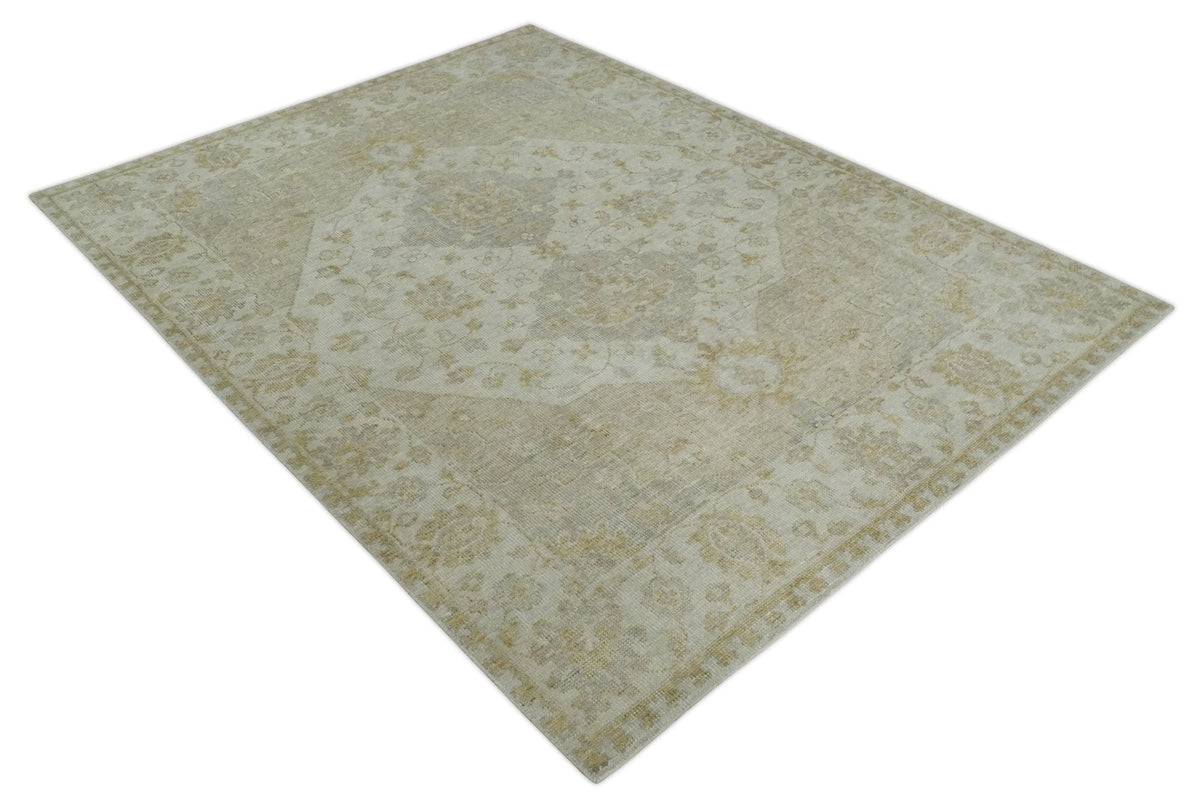 Ivory and Brown distressed finished Traditional Floral Low Pile Multi Size wool Area Rug