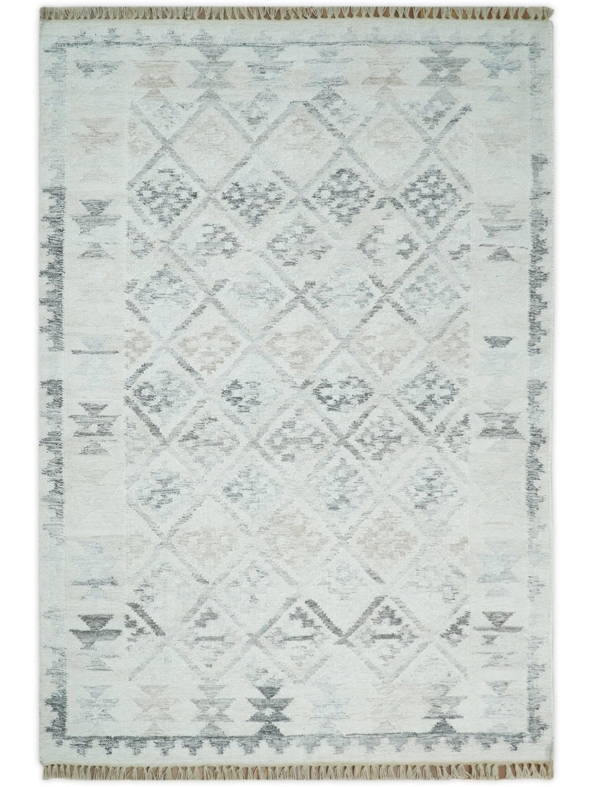 Ivory and Gray Modern Geometrical Hand Woven Wool Rug