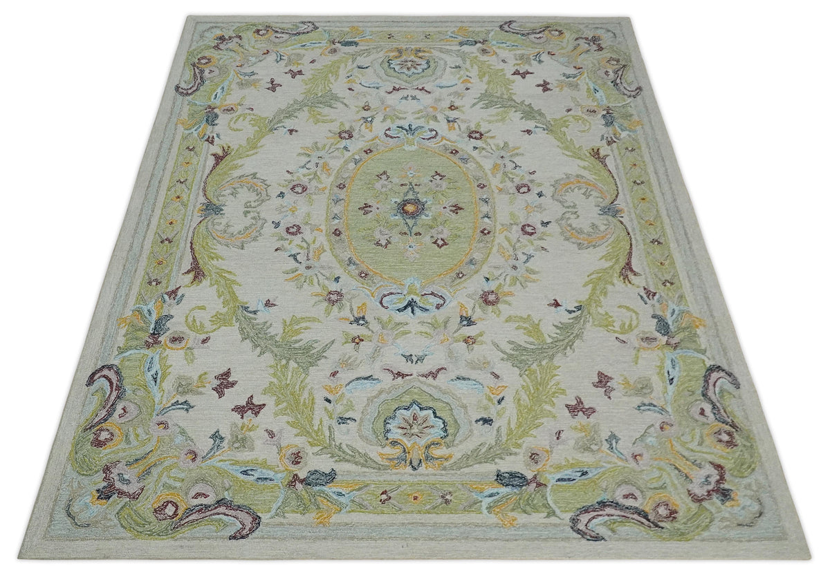 Ivory and Green Custom Made French Design Aubusson Hand Tufted Wool Area Rug