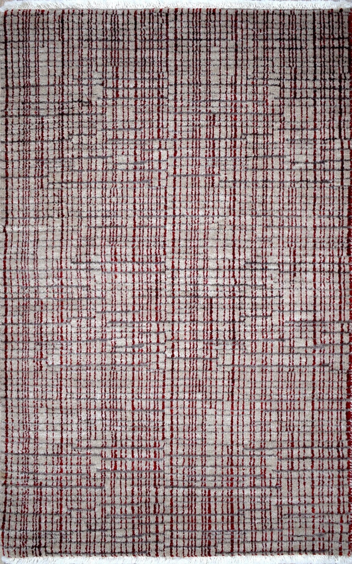 Ivory and Maroon Modern Style Hand Knotted 2x3 Wool Area Rug