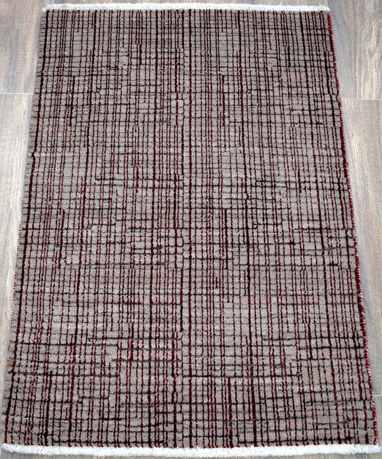 Ivory and Maroon Modern Style Hand Knotted 2x3 Wool Area Rug
