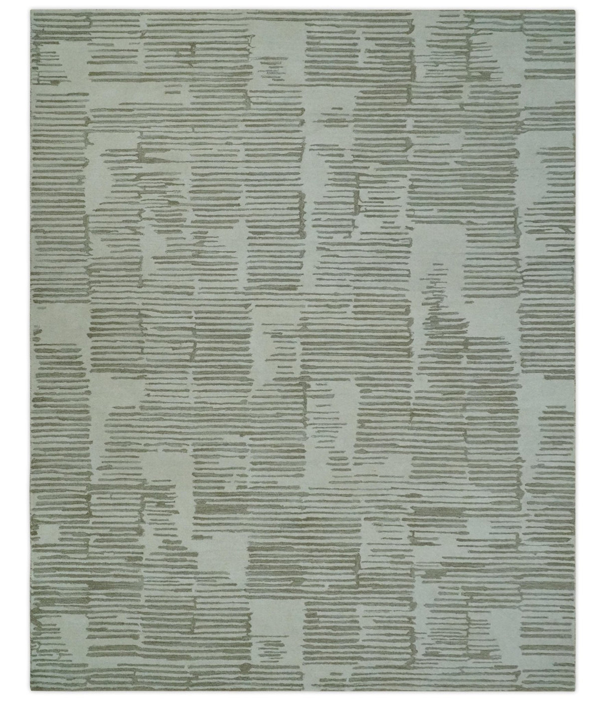 Ivory and Olive Modern Stripes Design Hand Tufted 8x10 wool Area Rug, Kids, Living Room and Bedroom Rug